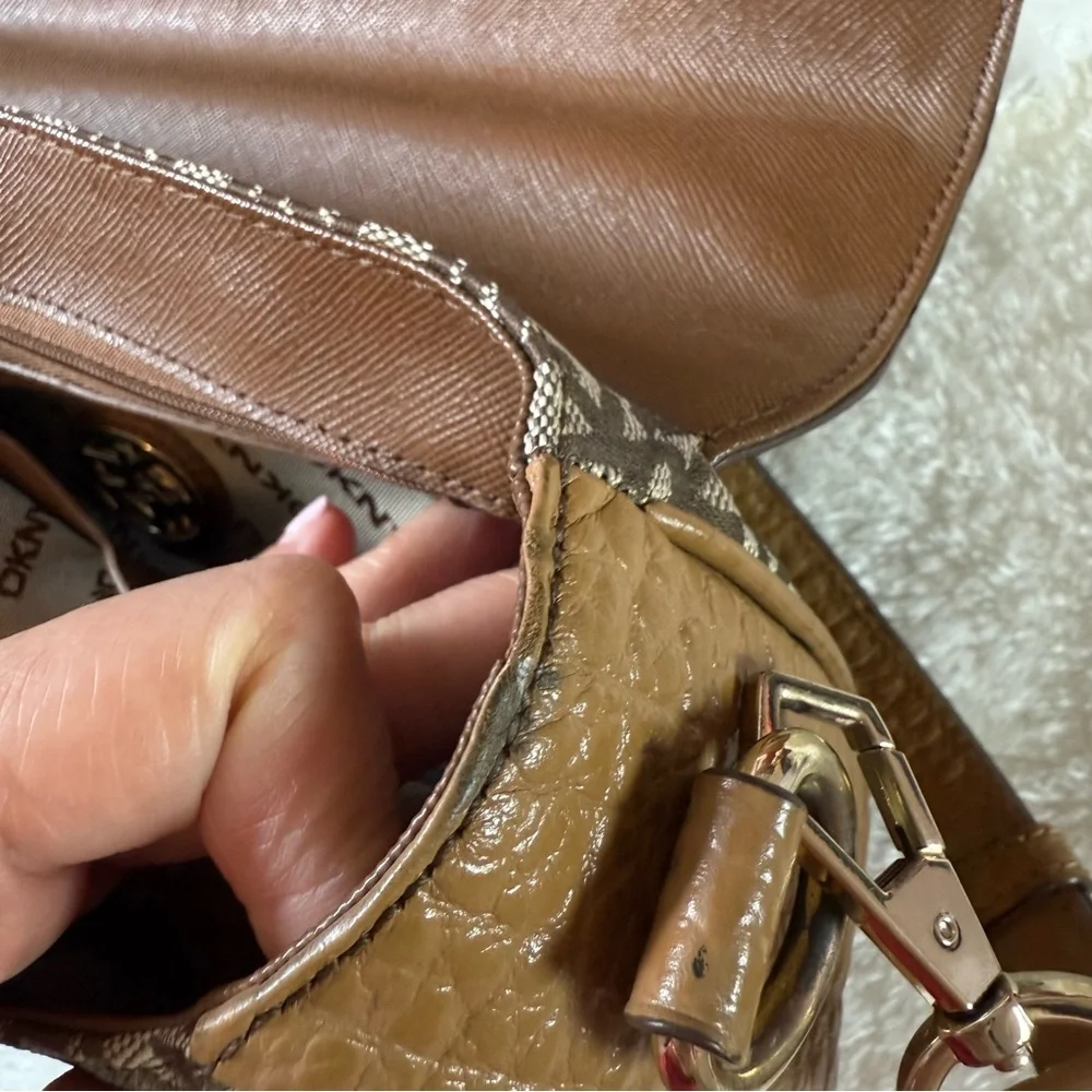 DKNY Tan Genuine Leather and Fabric Crossbody Handbag